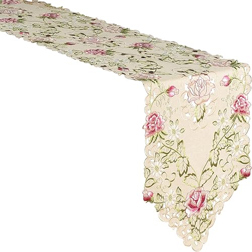 Miniatura 8 de Camino de mesa beige  Pañuelo de encaje de lino bordado europeo  Perfecto para cocina, comedor, decoración del hogar, recepciones de boda  14 x 108