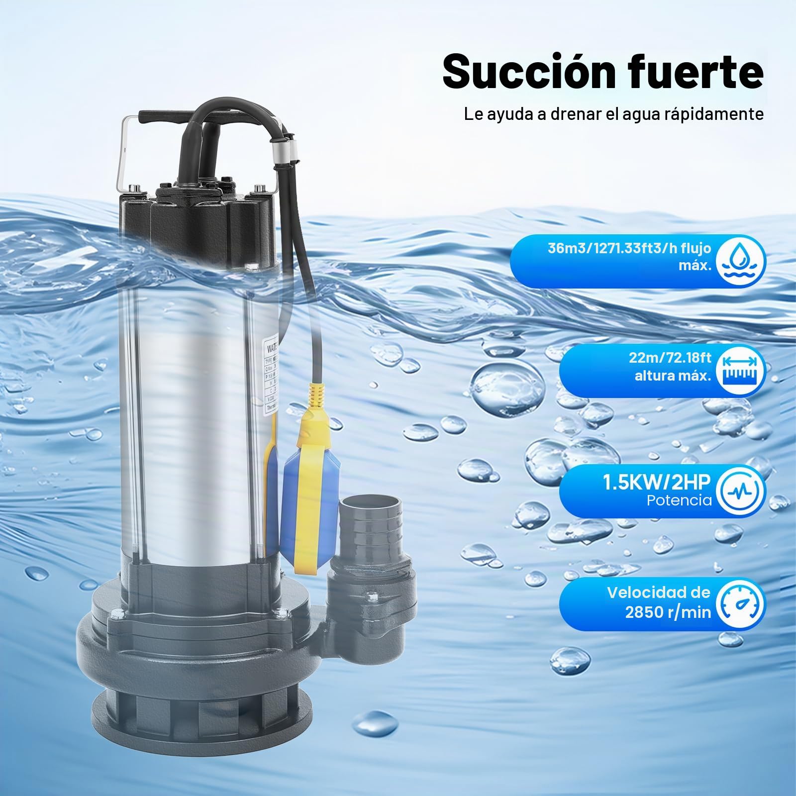 Bomba de agua sucia de 1500 W, 36000 l/h, acoplamiento, bomba de agua, bomba sumergible, flotador y trituradora