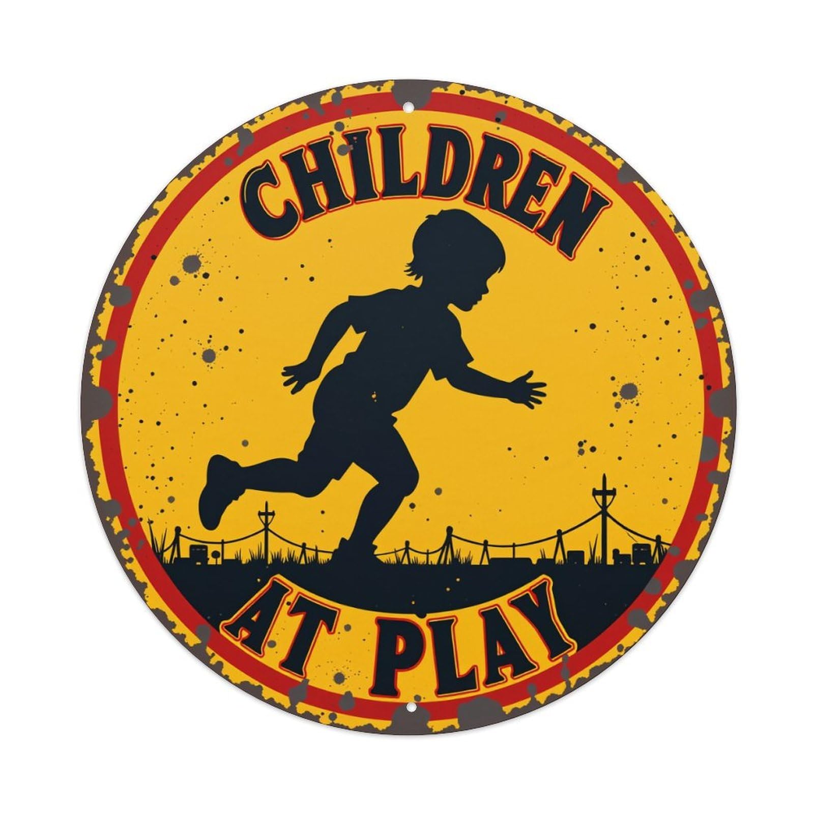 Lzwbntey Vintage Children At Play Sign Pattern Metal Tin Sign Retro Wall Decor For Home Bar Garage Cafe, Indoor & Outdoor Decorative，Circle Metal Poster, 8X8 Inch