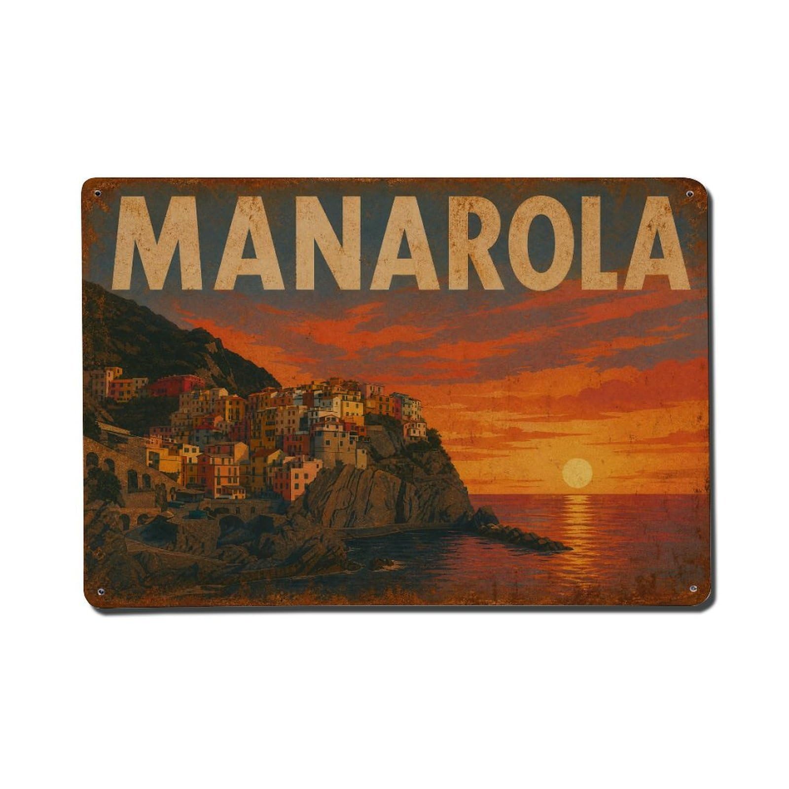 Vintage Travel Manarola Sunset Colors Warm Evening Sky Metal Tin Sign