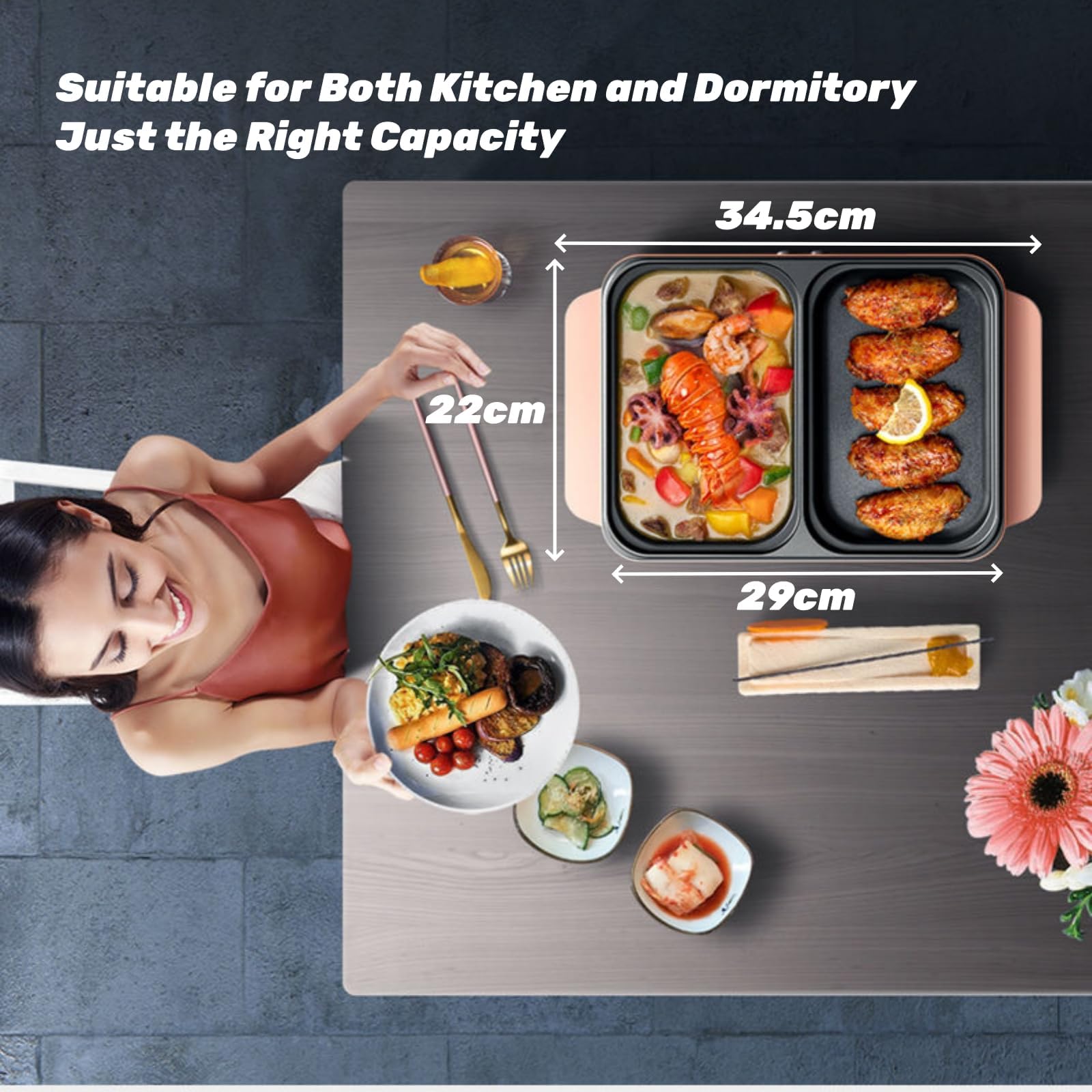 Topyond 1200W Hotpot Y Parrilla Eléctrica, Barbacoa Eléctrica 2 En 1, Mini Sarten Electrica, Hot Pot Para 2 Personas, 220V Barbacoa Electrica Sin Humo para Dormitorio/Camping/Hogar