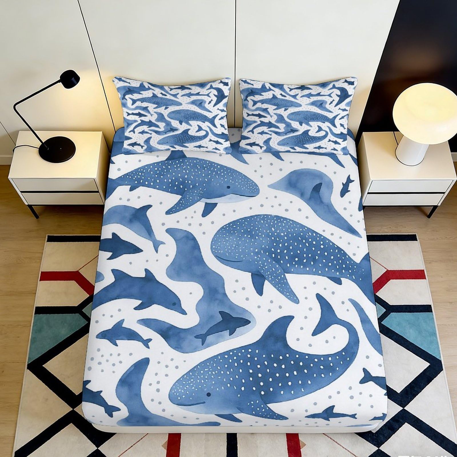 3D Printed Whale Shark Fitted Sheet Microfiber Soft Blue Ocean Dolphin Mattress Cover for Bedroom Dorm Mattress Protection Decor 120x200x25cm