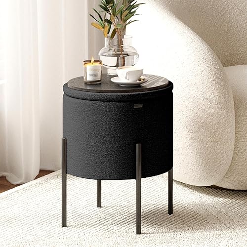 Miniatura 2 de STORAGEBUD Otomana redonda con almacenamiento, taburete de almacenamiento Boucle, taburete de tocador de maquillaje, reposapiés otomano pequeño,