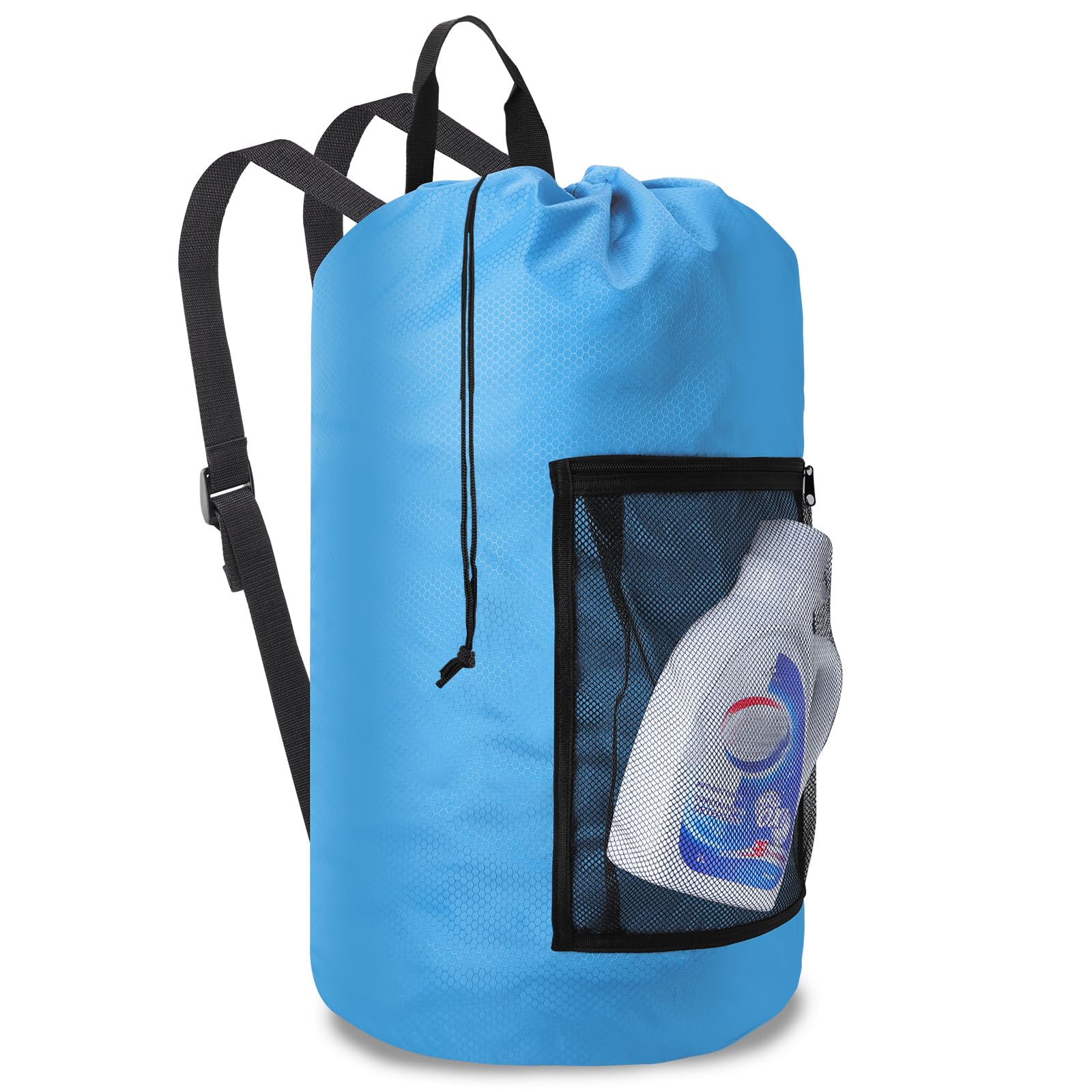 Bolsa de lavandería duradera con correas para los hombros y bolsillos de malla, bolsa portátil para ropa sucia para dormitorio universitario (azul)