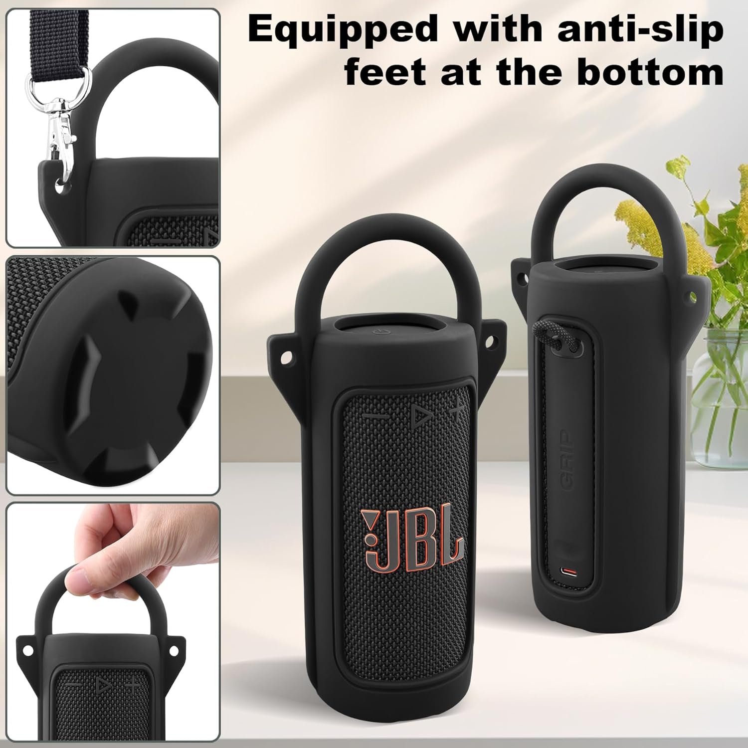 for JBL Grip Portable Waterproof Speaker Silicone Case, Portable Travel Soft Cover with Shoulder Strap and Carabiner, Protective Skin Case (Black) - co2CREA - Image 4