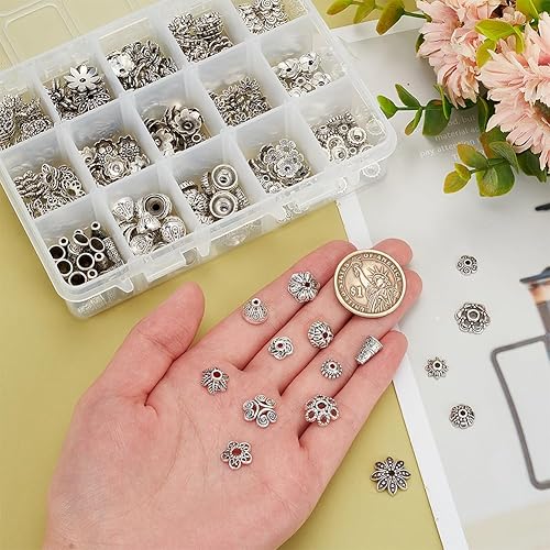 Miniatura 3 de PH PandaHall 300 tapas de cuentas, 15 estilos de cuentas de flores, espaciadores de cuentas de aleación, cuentas espaciadoras para aretes, pulseras,