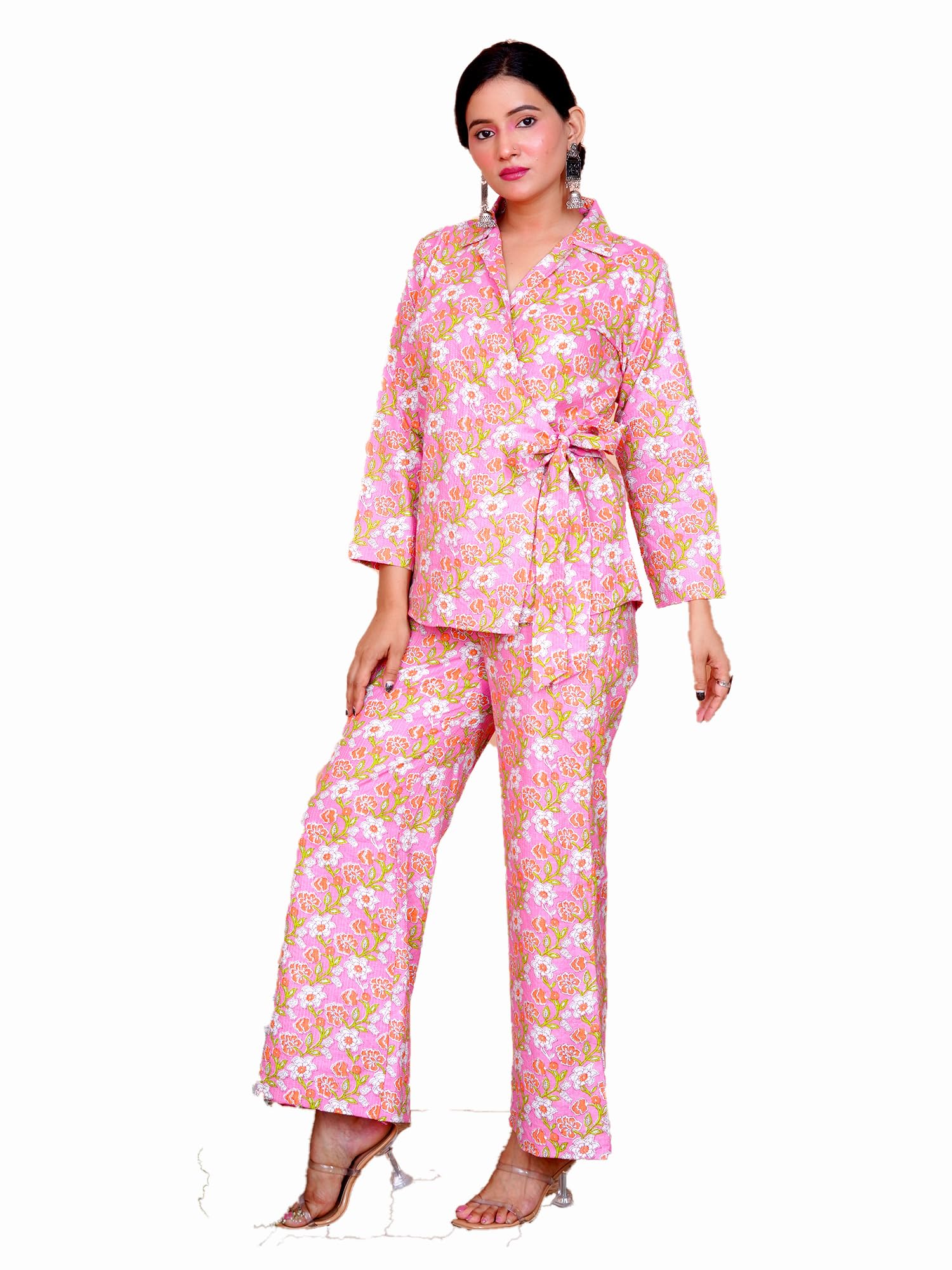 salvia sky Kantha Embroidered Pink Floral Side Tie-Up Blazer with Pant Set-picture-13