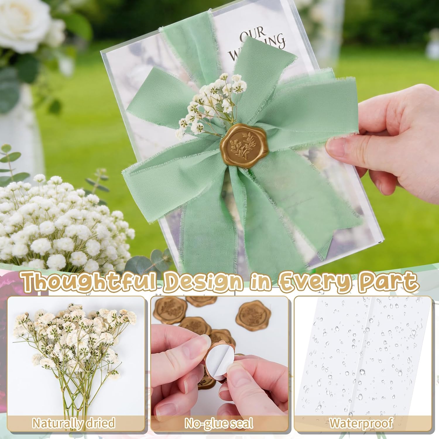 Hysagtek 50 Set Wedding Invitation Wrap Kit - Pre-Folded Vellum Jackets Bulk for 5 x 7 Invitations, Chiffon Ribbon Gold Wax Seal Stickers Dried Gypsophila for Bridal Invite Baby Shower DIY Craft