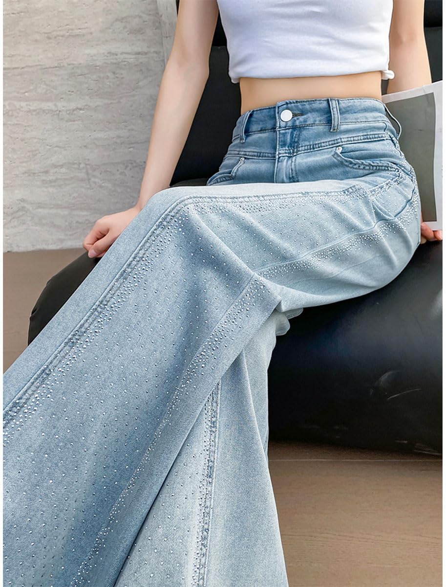 Women's Wide-Leg Jeans with Rhinestone Decorations， High Waisted Stretchy Baggy Jeans Glitter Flare Denim Pants