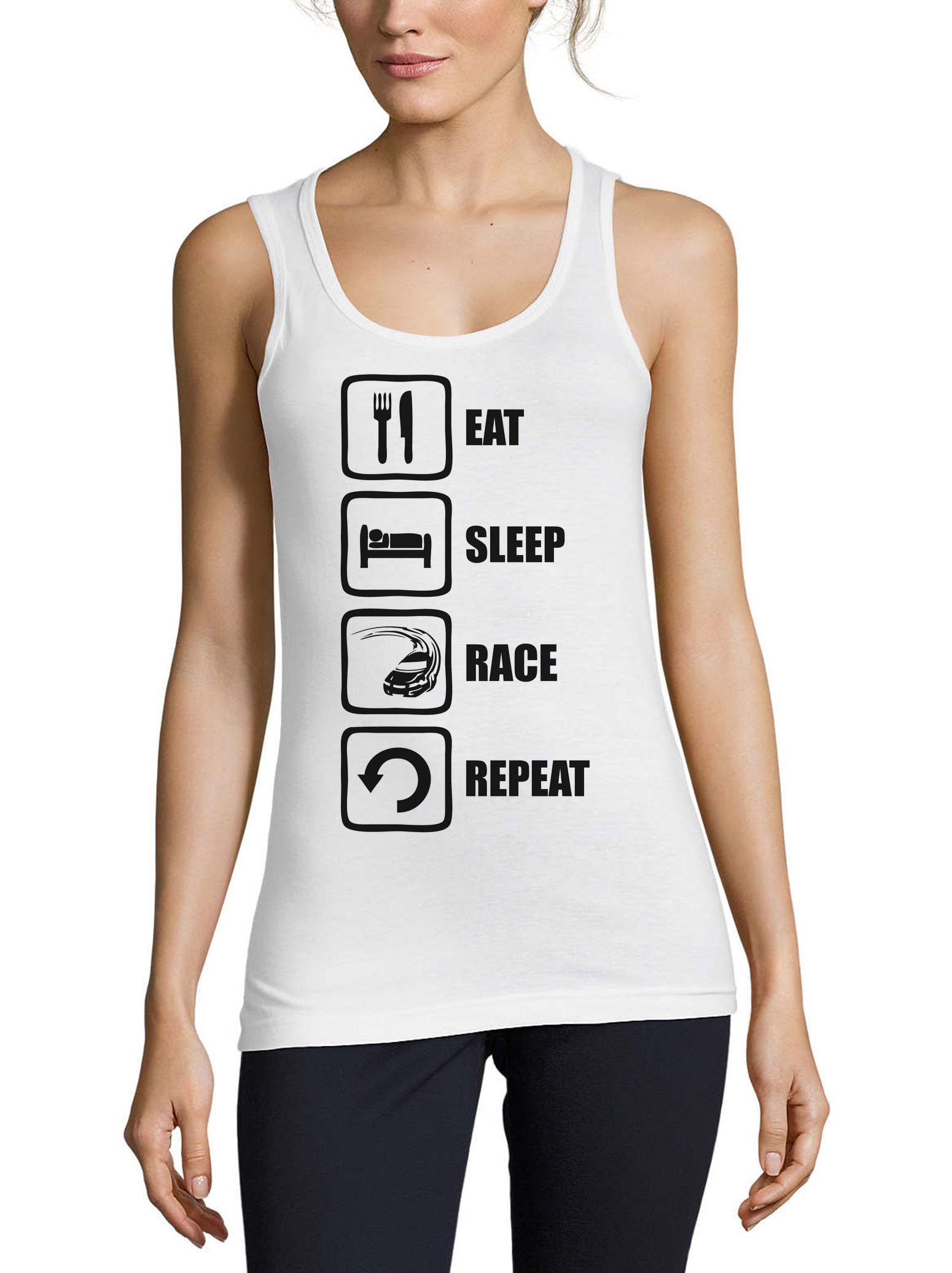 Camiseta sin mangas Eat Sleep Race Repeat de algodón blanco para mujer Atspauda 3