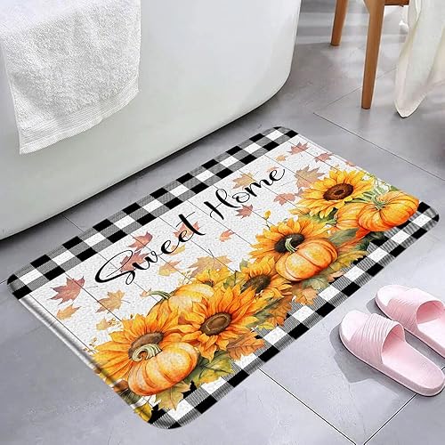 Miniatura 2 de Tapete de baño de otoño, calabaza, girasol, hoja de arce, búfalo negro, blanco, a cuadros, cosecha de Acción de Gracias, rústica, decoración de baño