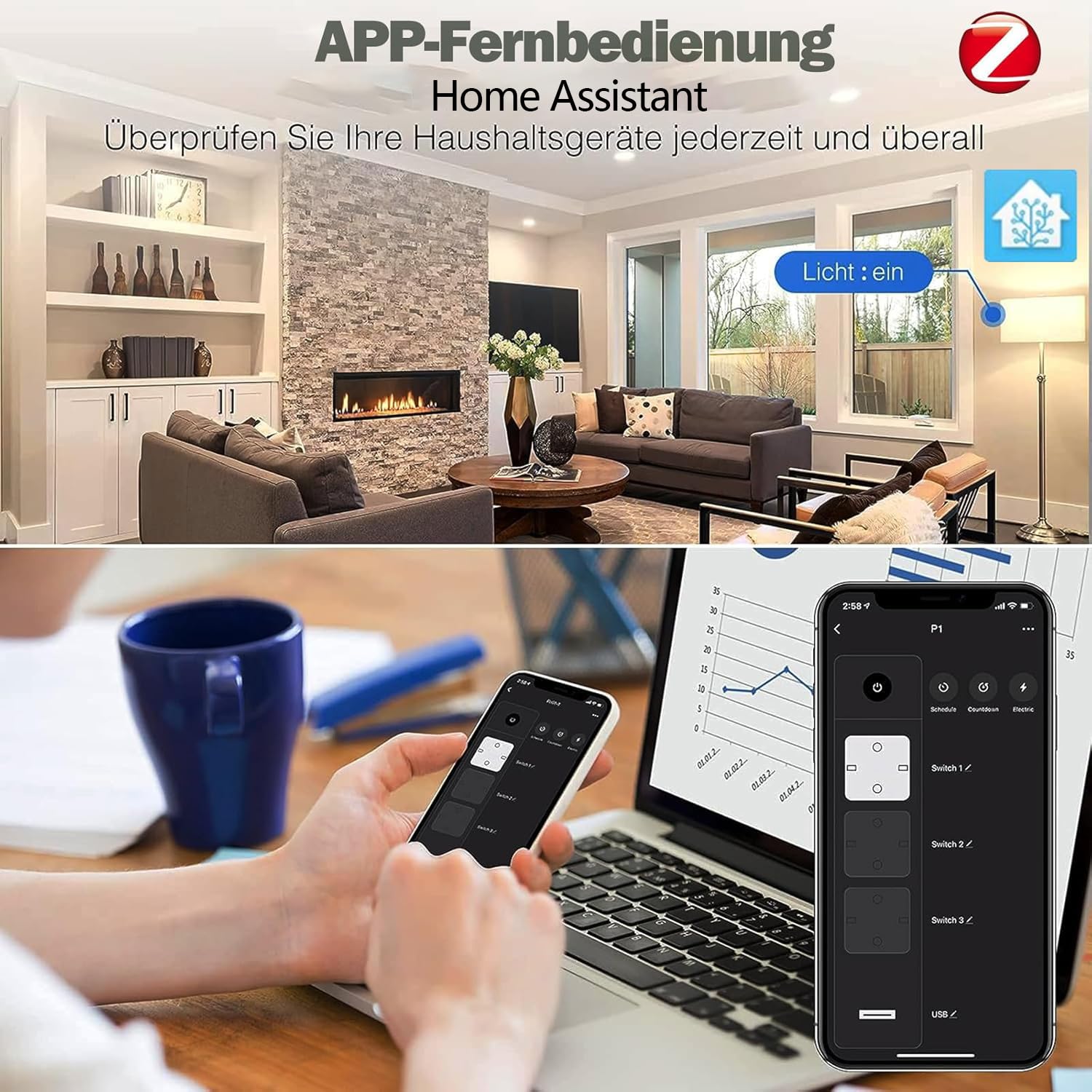 ZigBee Mehrfachsteckdose, Überspannungsschutz, 1,5 m Verlängerungskabel, Vier USB-Anschlüsse (DREI USB-A und EIN USB-C), kompatibel mit Home Assistant, 2MQTT, ZHA, Alexa und Google