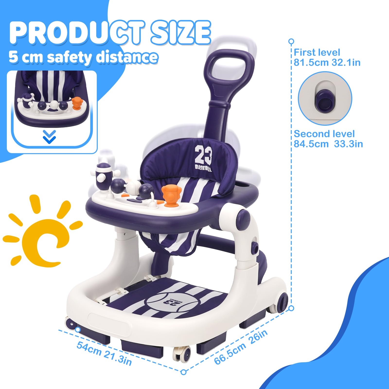 Trotteur Bébé 3 en1, Babywalker avec Hauteur Réglable, Trotteur Bébé Garçon Fille Évolutif avec Musique & Lumière, Centre d'Activités pour 6-18 Mois (gris) (Bleu)