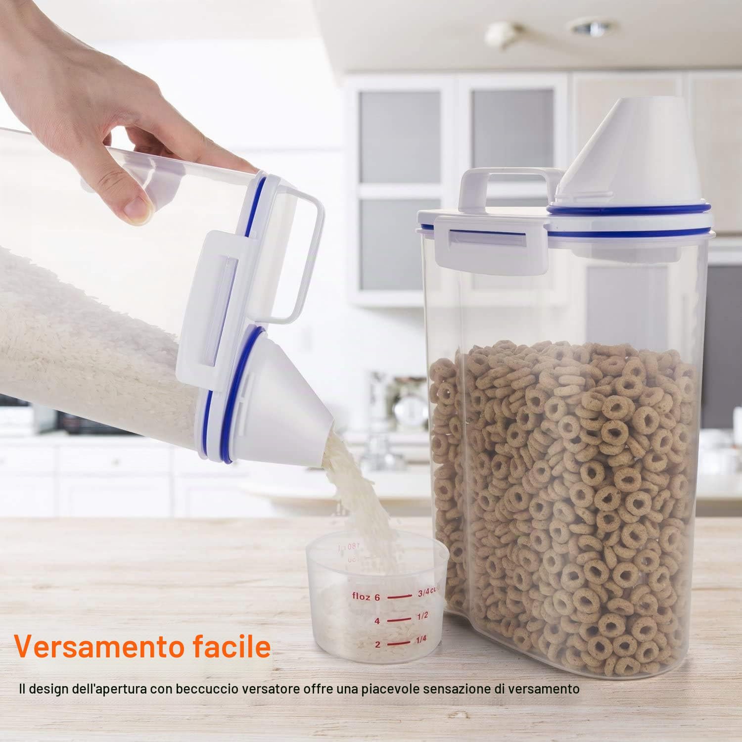 Contenitore per alimenti da 2 l, piccolo contenitore portatile per riso con misurino, in plastica senza BPA, con beccuccio per versare, per fagioli, farina, cibo per animali domestici