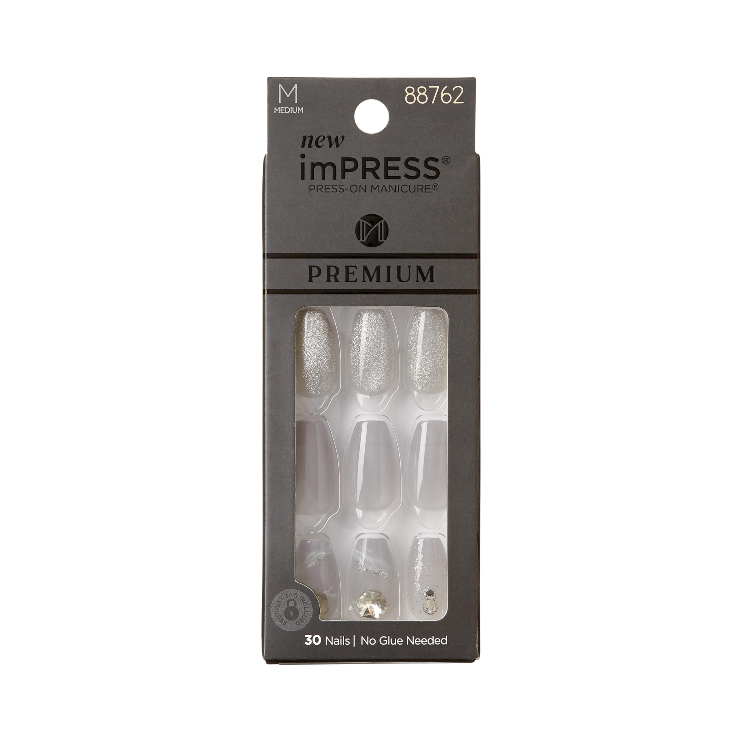 KISS imPRESS Press-On Manicure Premium Collection Fake Nails - Legacy, Gray, V-Cut Stone, Medium & Ballerina/Coffin Shape, Easy To Apply, Super Hold, Chip Proof, Smudge Proof, No Dry Time | 30 Count