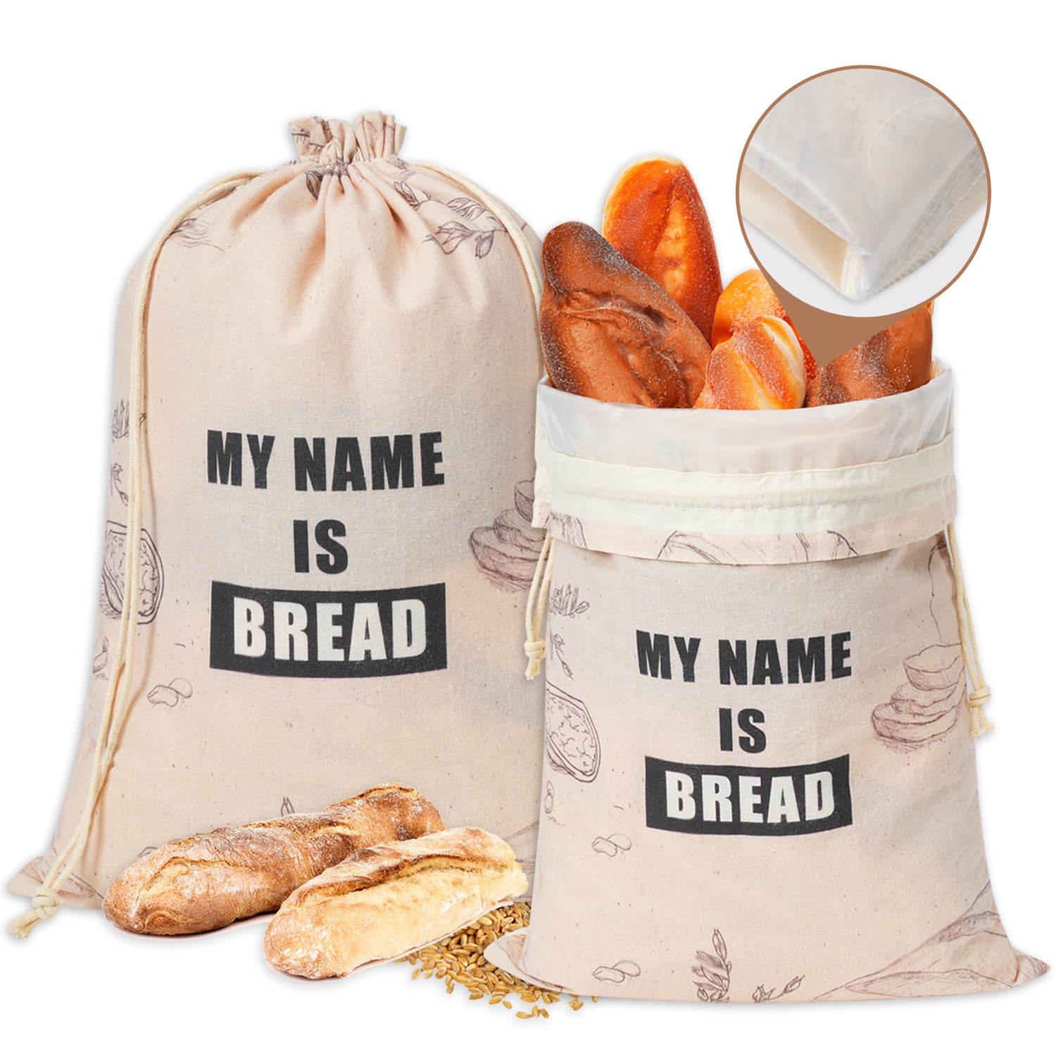 TOGETRUE Bread Bags for Homemade Bread, Organic Linen Bread Bag with Plastic Liner, Bread Storage Bags with Drawstring Closure for Sourdough, Loaf, Artisan Bread, 2 Packs, 16.5" x 12"