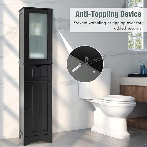 Miniatura 6 de Tangkula Armario de almacenamiento de baño de 67 pulgadas de alto, torre de lino independiente delgada con 2 puertas y 1 cajón, gabinete de piso de