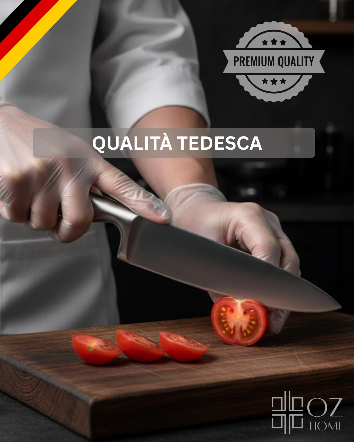 GGS Set Coltelli Cucina con Ceppo Portacoltelli 7 Pezzi – Acciaio Inox Monoblocco Senza Giunzioni, Temprati a Ghiaccio, Lavabili in Lavastoviglie, Impugnatura Ergonomica in Acciaio, Coltelli multiuso