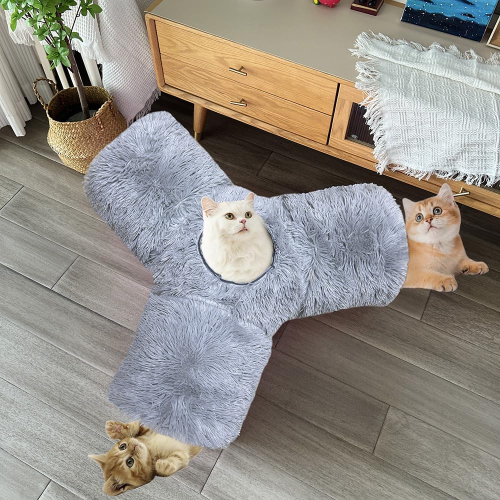 Túnel plegable para gatos de interior de 3 vías de felpa gris, tubo de juego portátil con agujeros para mirar, perfecto para gatitos, conejos y mascotas pequeñas, juguete interactivo