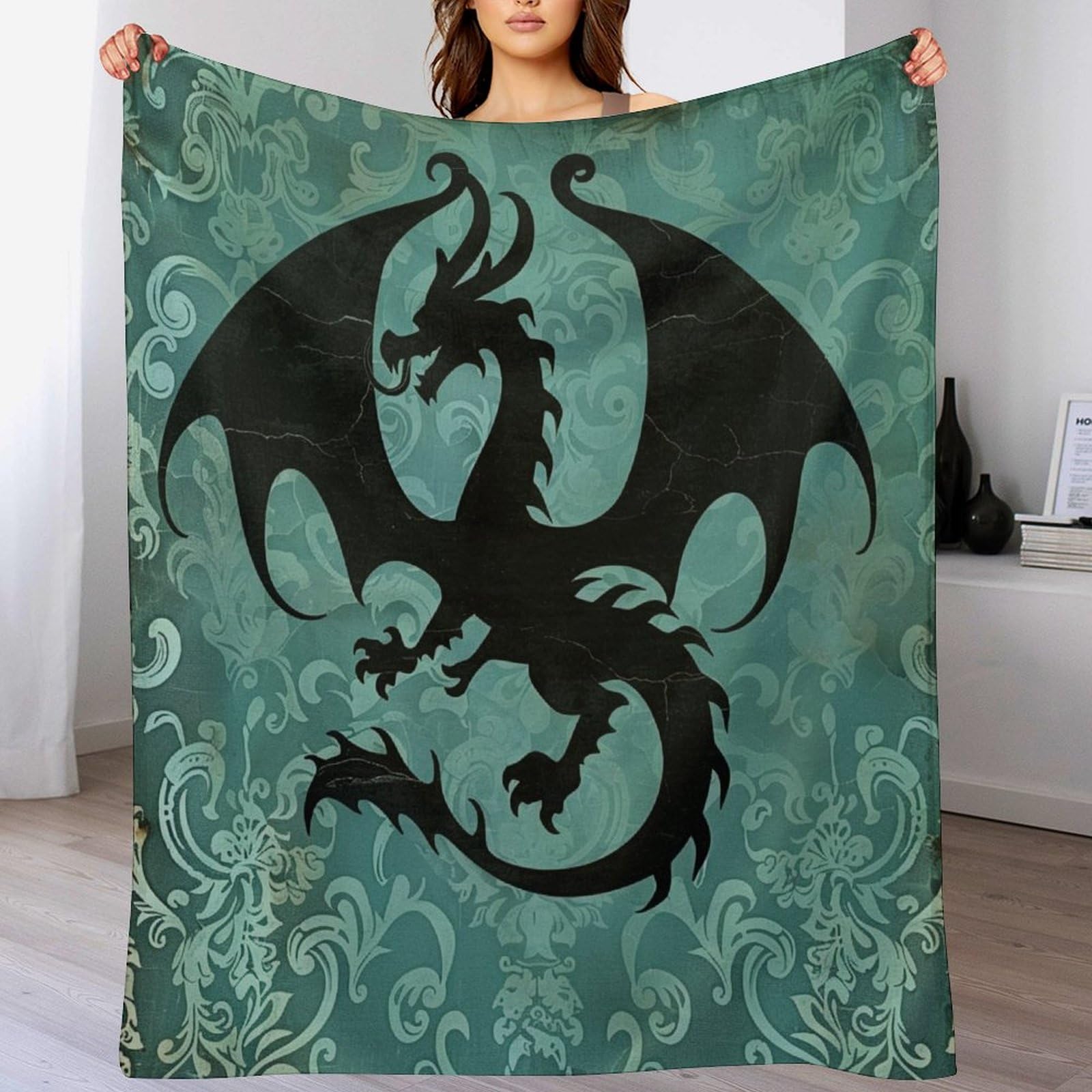 Couverture flanelle cyan dragon plaid doux confortable chaud lit canapé voyage