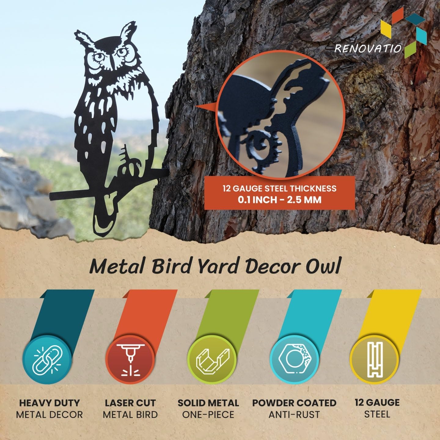 Renovatio Owl Metal Bird Art, Gifts for Dad, Owl Outdoor Decor for Garden, Yard & Patio – Majestic Bird Ornament & Yard Art – Garden Statues, Outdoor Ornaments & Durable Backyard Decor – Black