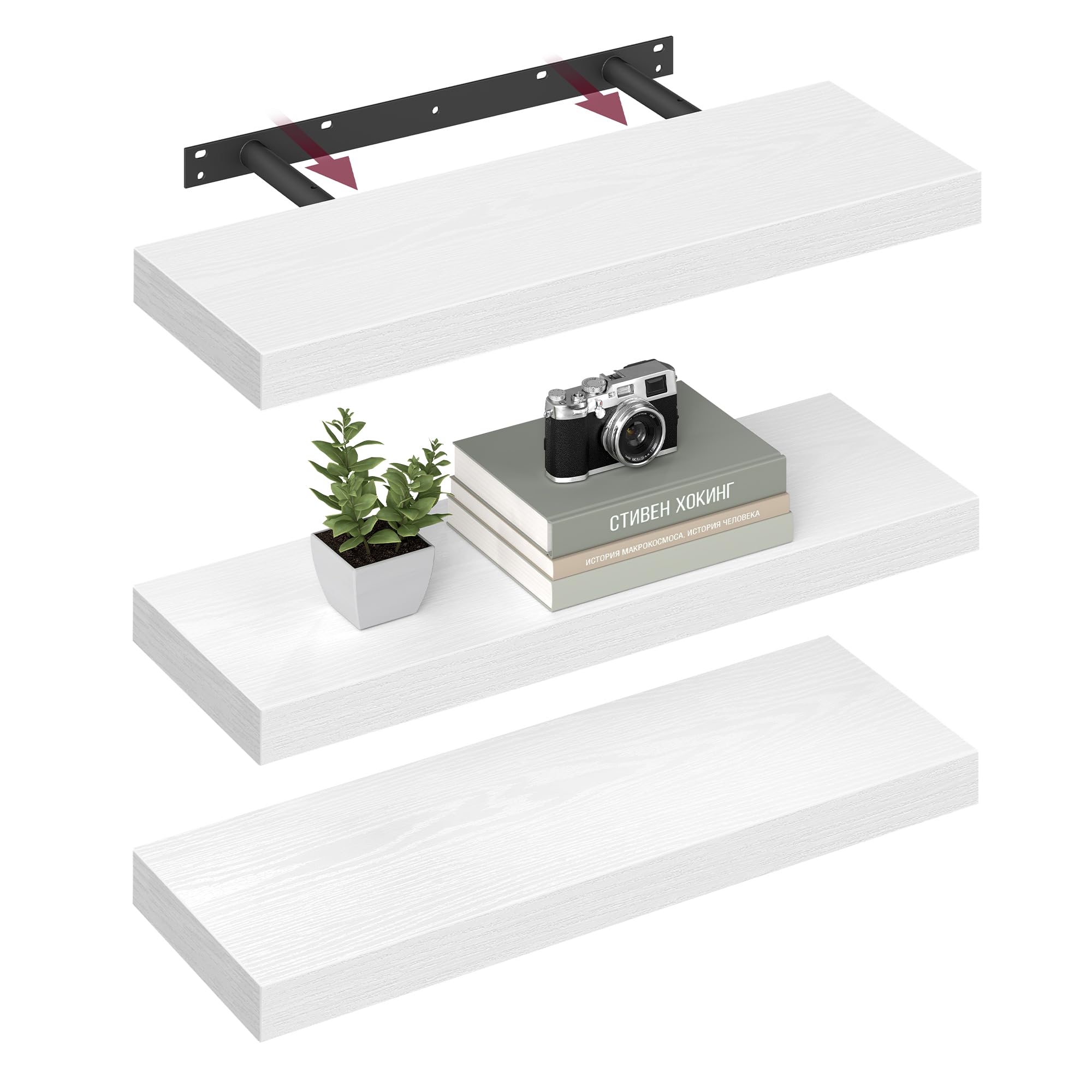 VASAGLE Wall Shelves Set of 3, Floating Shelves, Wall Mounted, 20 x 60 x 3.8 cm, for Picture Frames, Wall Decor, Living Room, Study, Kitchen, Snow White LWS026WE01-3J