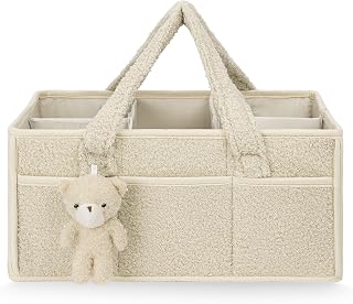 Baby Diaper Caddy Organizer, Diaper Organizer, Plush Baby Diaper Caddy with Compartment and Handle, Off White, Updated Version