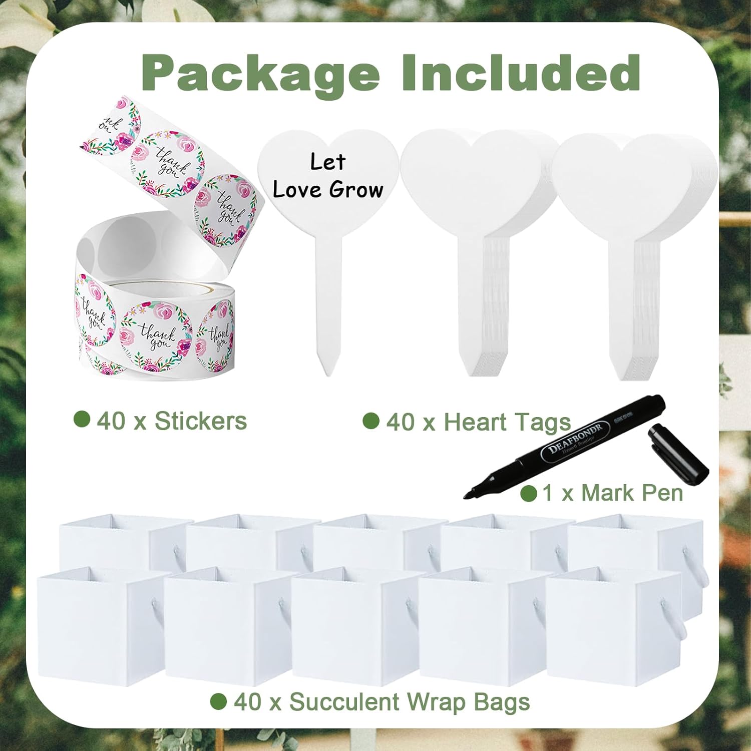 40 Pack Succulent Wrap Bags Set with 2.5 inch Succulent Gift Bags, Heart Plant Tags, Thank You Stickers and Mark Pen, Great Party Favor Gifts for Wedding, Baby Showers, Bridal Showers(White) - Image 2