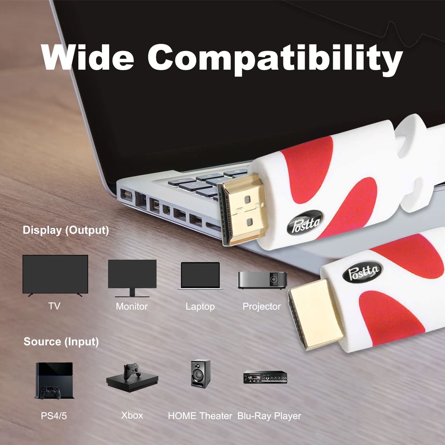Postta Cable HDMI plano de 50 pies HDMI 2.0 cable compatible con 4K, 3D, 2160p, 1080p, Ethernet y retorno de audio, color blanco y rojo
