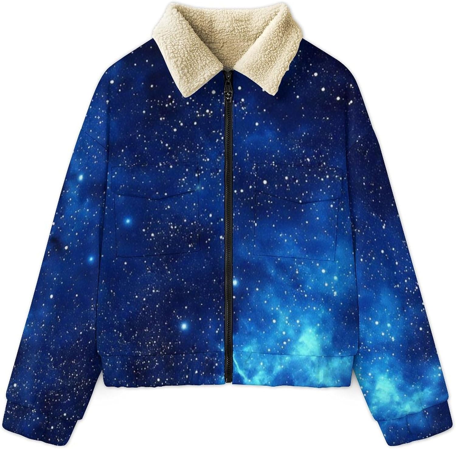 Women Winter Sherpa Lined Fleece Jacket, Long Sleeve Zip Up Starry Sky Fuzzy Cropped Coats Warm Soft Polar Outwear