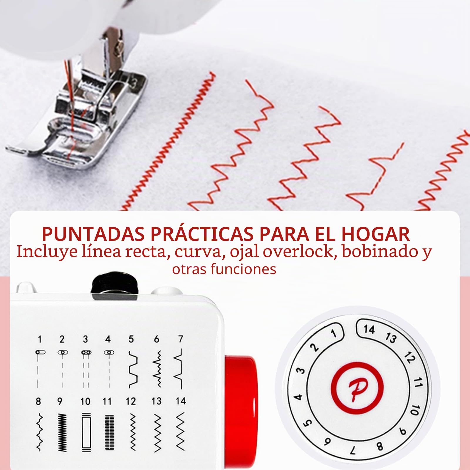 Máquina de coser para principiantes, 14 puntadas, máquina de coser con mesa deslizante, tela de algodón y juego de costura