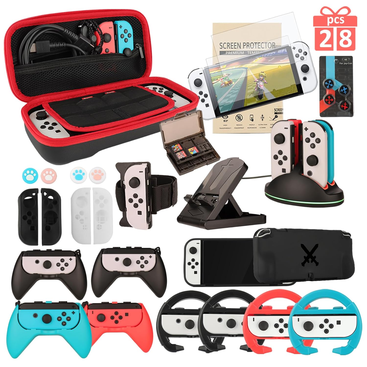 Product image of Switch OLED Accessories - 28 in 1 Family Accessory Bundle Kit for Nintendo Switch OLED Edition Carrying Case&Tempered Glass Protector,Joy Con Charger, Gaming Steering Wheels, Grips and More