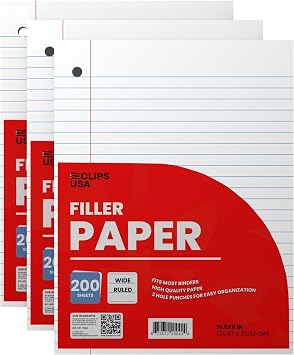 Wide Ruled Loose Leaf Paper Wide Ruled Notebook Paper Lined Writing Filler Paper 10.5 x 8 56 gsm 600 Sheets 200 Sheet Per Pack 3 Pack