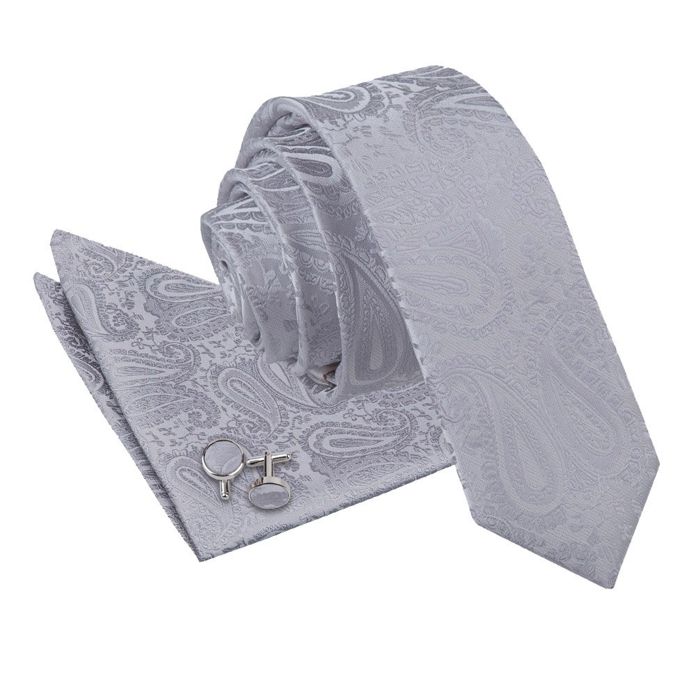 DQT Mens Paisley Floral Jacquard Skinny Tie, Pocket Square & Cufflinks Set (3pc) - Wedding, Business & Formal - Silver