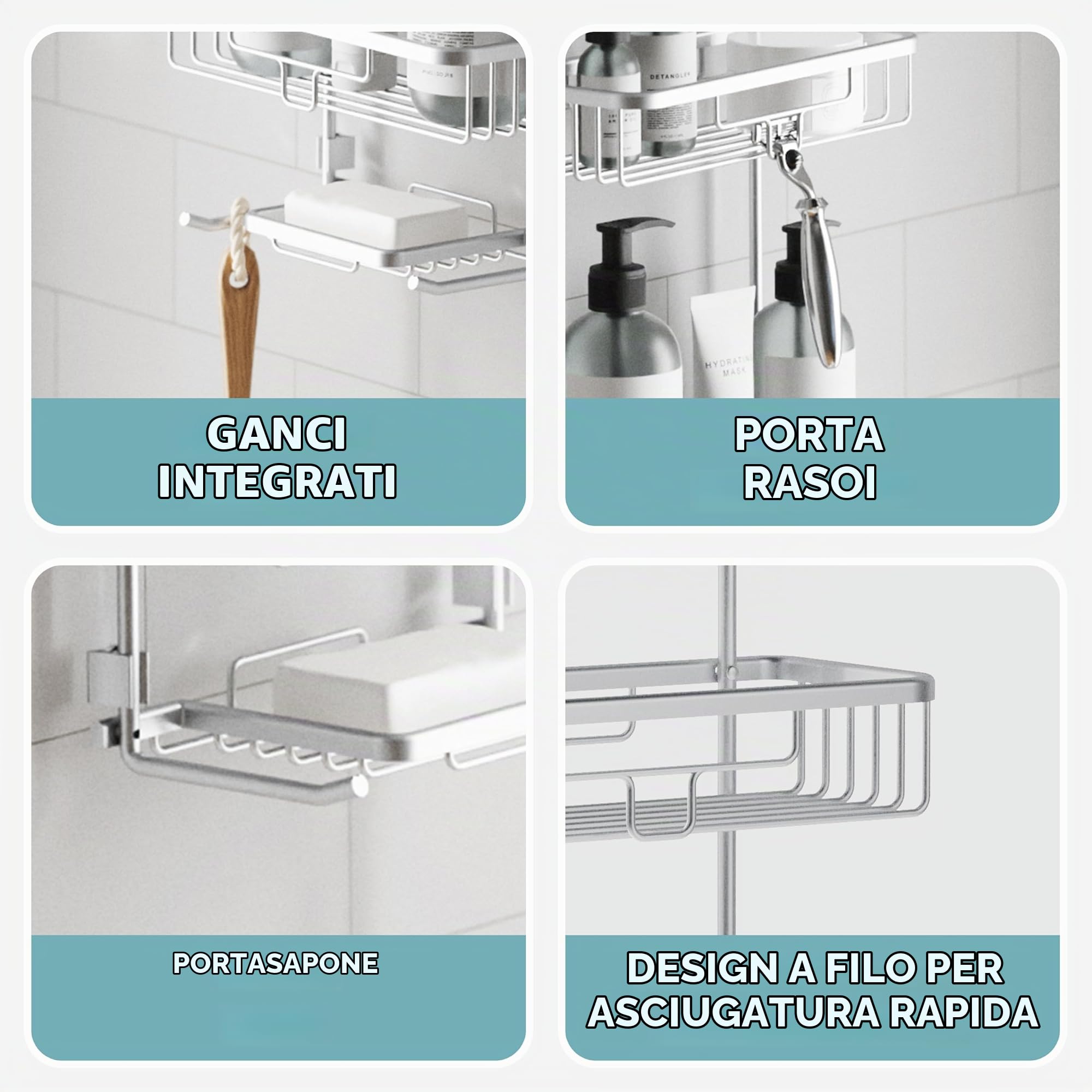Zenna Home Mensola da doccia sospesa con 2 ripiani, portasapone, porta rasoi e ganci, in cromo satinato, antiruggine, senza fori, organizer per soffione doccia di alta qualità e rack per doccia da