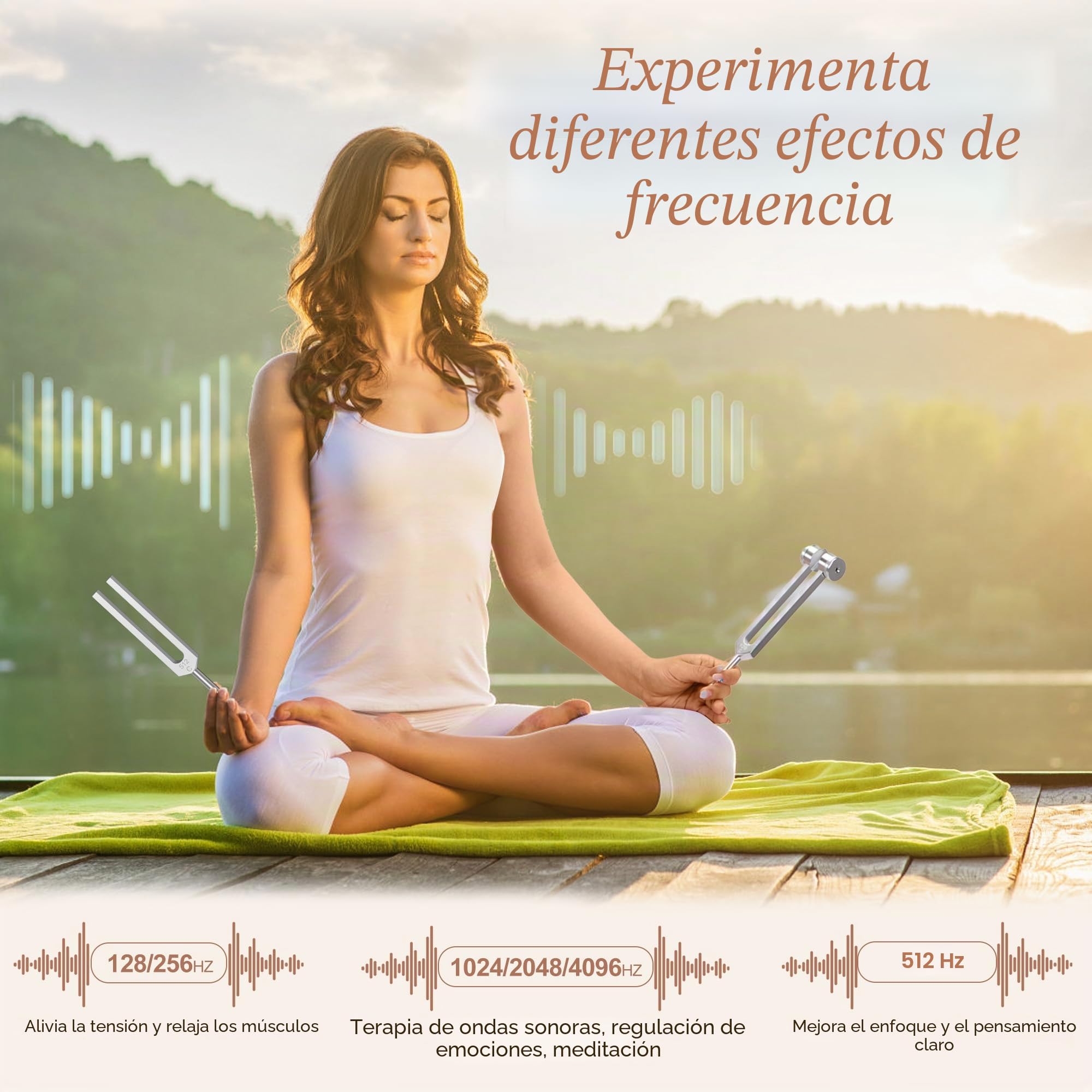 Juego de 6 diapasones de 128 Hz, 256 Hz, 512 Hz, 1024 Hz, 2048 Hz, 4096 Hz, diapasones de chakra para yoga, meditación, equilibrio de chakras, relajación (con martillo)
