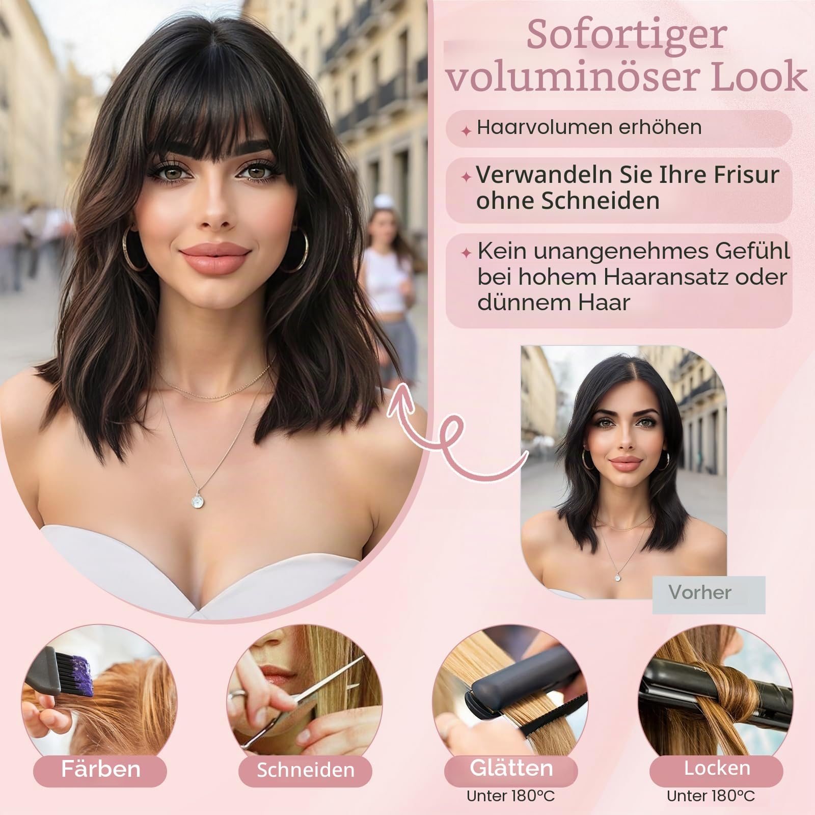 Echthaar Hair Topper für Frauen mit Wispy Pony - Mittelbraun/Dunkelblond Toppers 100% Echtes Haar Clip in Topper Menschliches Haar Top Hat T Spitze Basis für mit Dünnem 13 Gramm