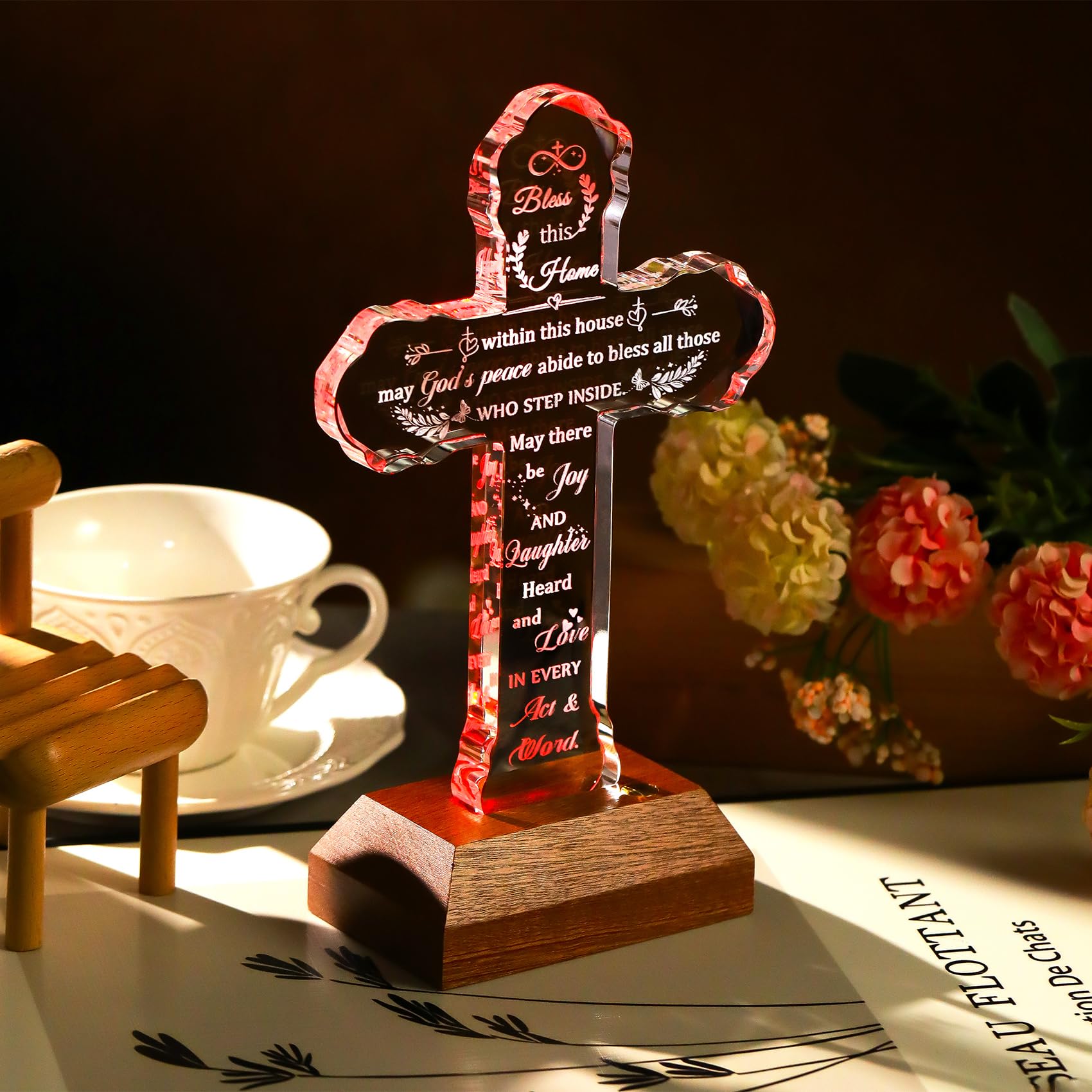 Ornalrist Regalos de inauguración de la casa, cruz de cristal con base LED colorida, bendición religiosa de inauguración de la casa, ideas de regalo para nuevos propietarios de viviendas, mujeres y