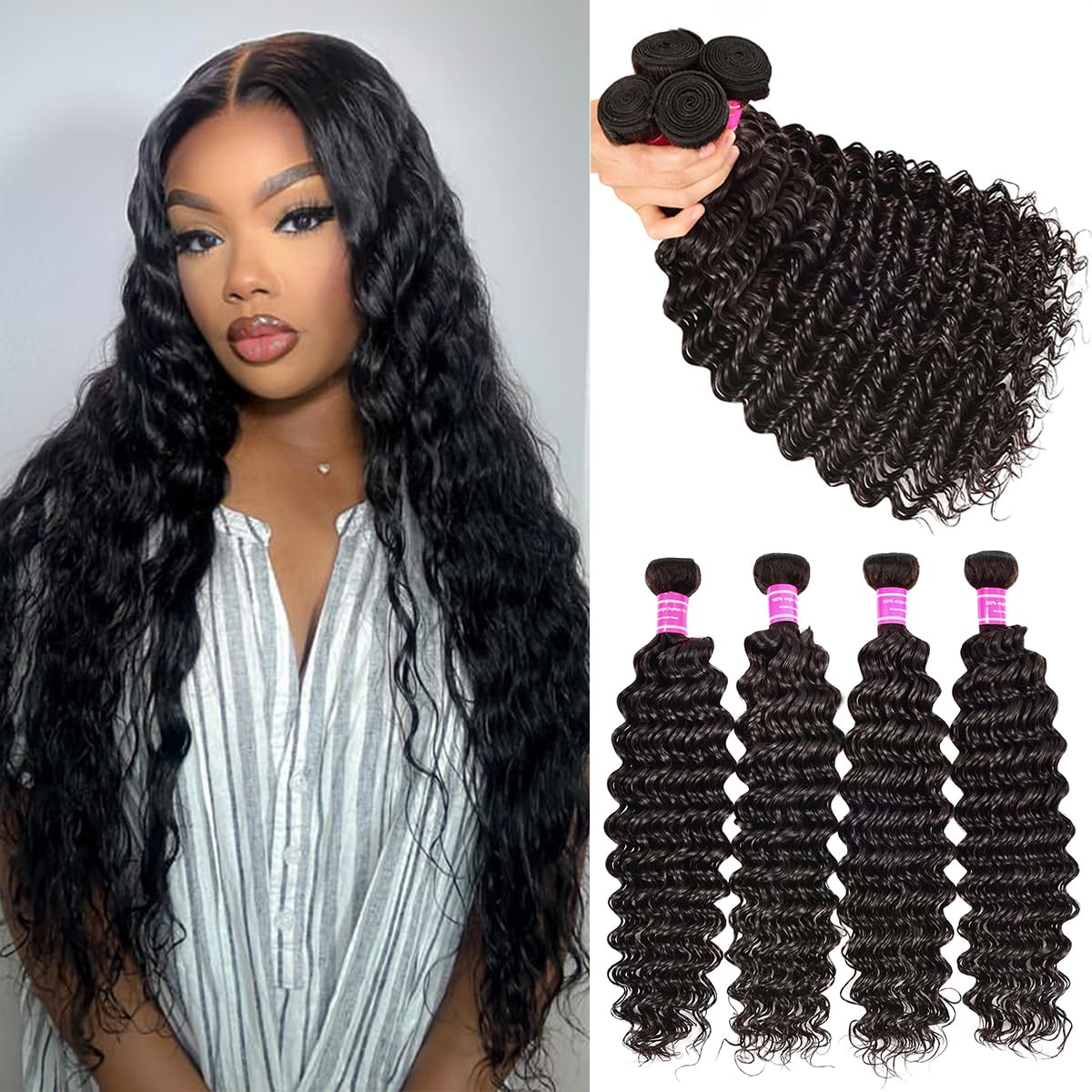 10A Deep Wave Human Hair Bundles - 18, 20, 22, 24 Inch Wet & Wavy - 100% Unprocessed Virgin Human Hair - 4 Bundles Deal - Real Human Hair Extensions
