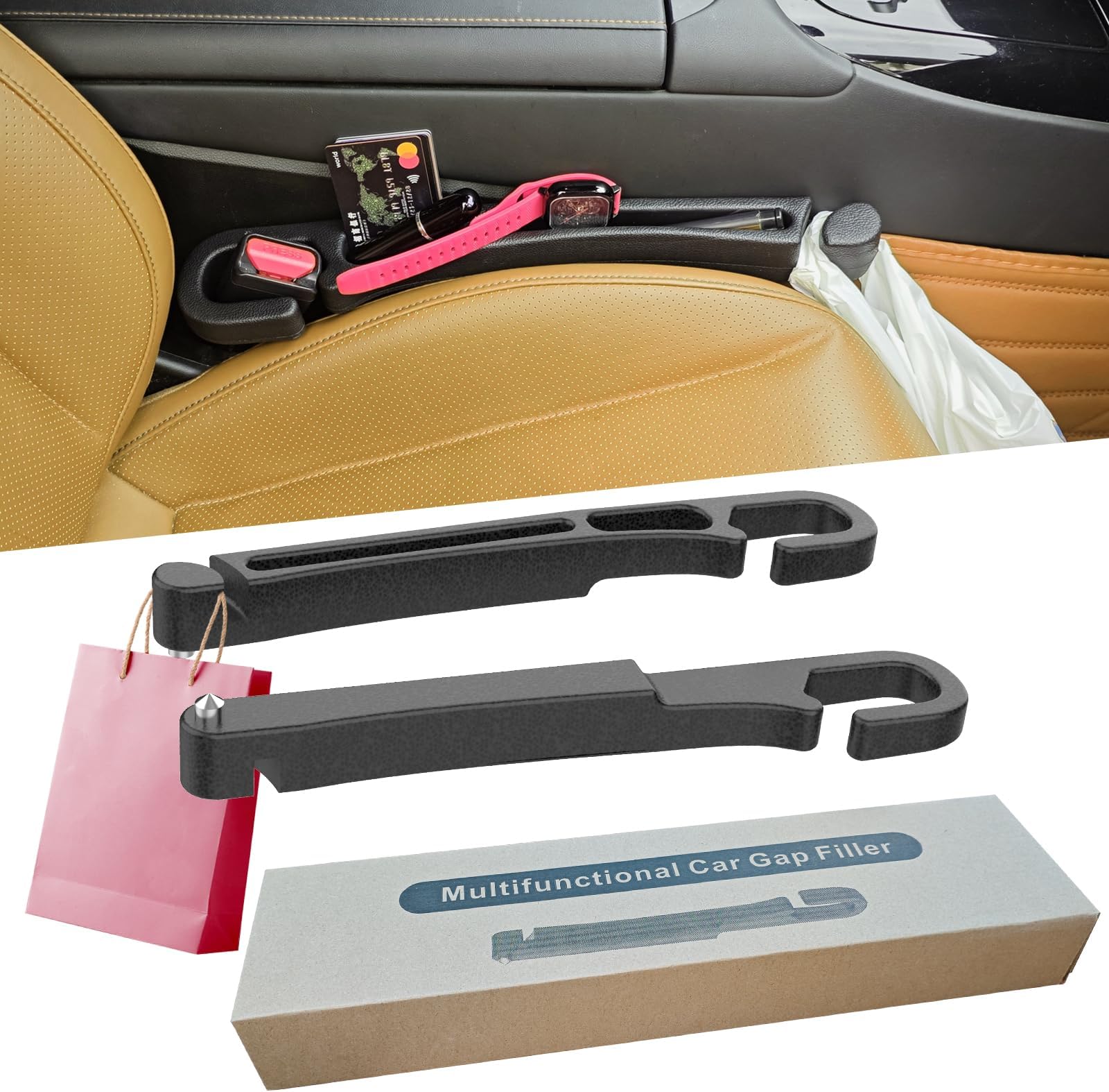 - Car Seat Gap Filler 2 Pack with Organizer Hook Function & Car Glass Breaker,Prevents Small Items Tools from Falling Gap Stopper Seat Side Gap Filler for All Cars