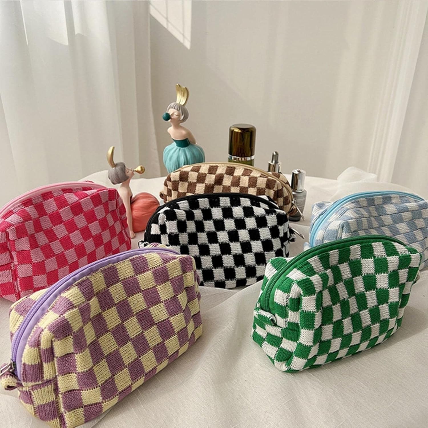 Astuccio per matite, grande capacità, a scacchiera, trousse per cosmetici, organizer per cancelleria, design lavorato a maglia, per scuola, ufficio e viaggi