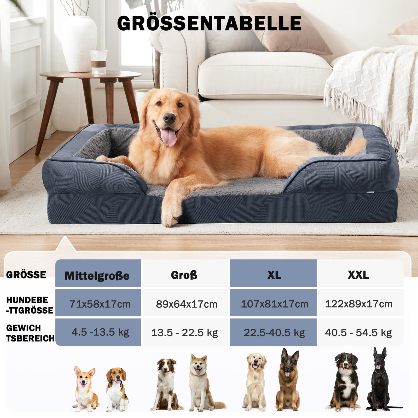 JOEJOY Orthopädisches Hundebett Grosse Hunde,107x81x17cm, Memory Foam Hundekorb Waschbar und Wasserdicht, Eierkarton-Schaum Hundebett Orthopädisch, Abnehmbar Hundebetten mit Hohem Rand, Dunkel Grau