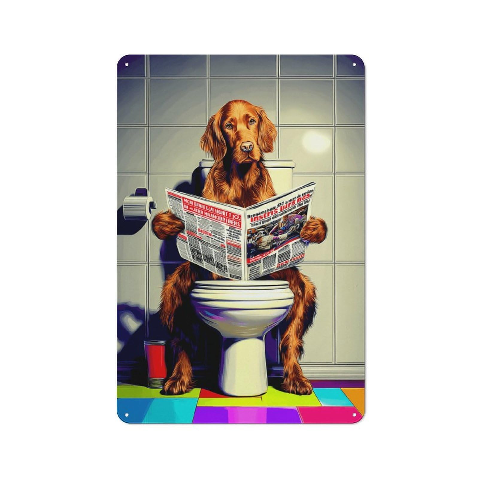 Junmoney Dog Reading Newspaper On Toilet-33 Tin Sign 30X20cm With For Workshop Wall, Rustic Decor, Suited To Workshop Decor Fans