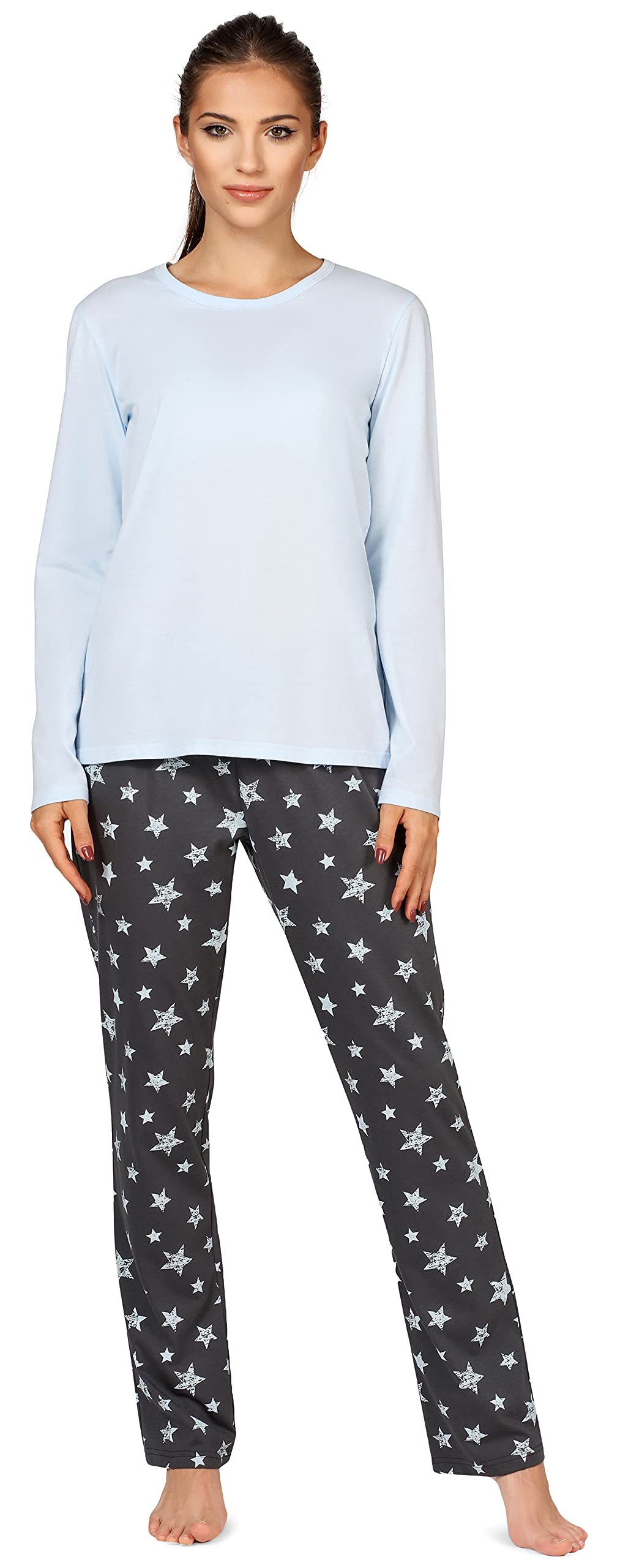 Bellivalini Damen Schlafanzug lang Pyjama Langarm Lange Hose Muster Sterne BLV50-167