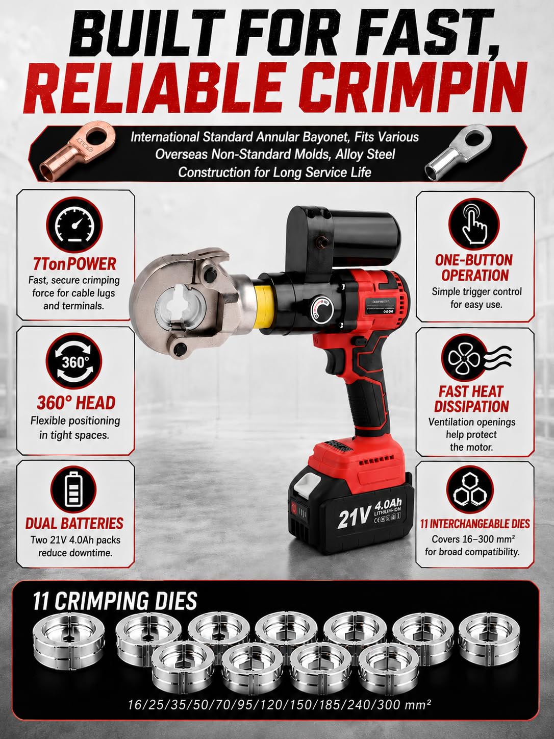 Crimpadora de Terminales & Cortacables, Fuerza Hidráulica 7T, Cuchillas CrimperOnlyKit | Dos Baterías 21 V 4,0 Ah Dan Cerca de 4 Horas y 200 Ciclos Cada Una; 11 Matrices Cubren el Rango Total de Crimpado 16–300 mm²