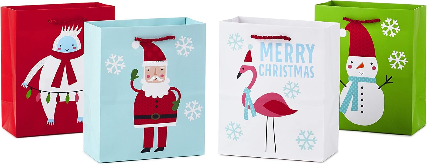 Hallmark 6" Small Christmas Gift Bag Assortment (Pack of 4: Yeti, Flamingo, Santa, Snowman) for Kids, Teachers, Gift Cards