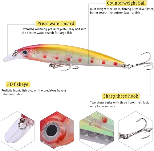 Miniatura 3 de Sougayilang Juego de señuelos de pesca Crankbaits, cebos duros, cebos de natación, para bote, para superficie, señuelos para trucha, lubina, perca
