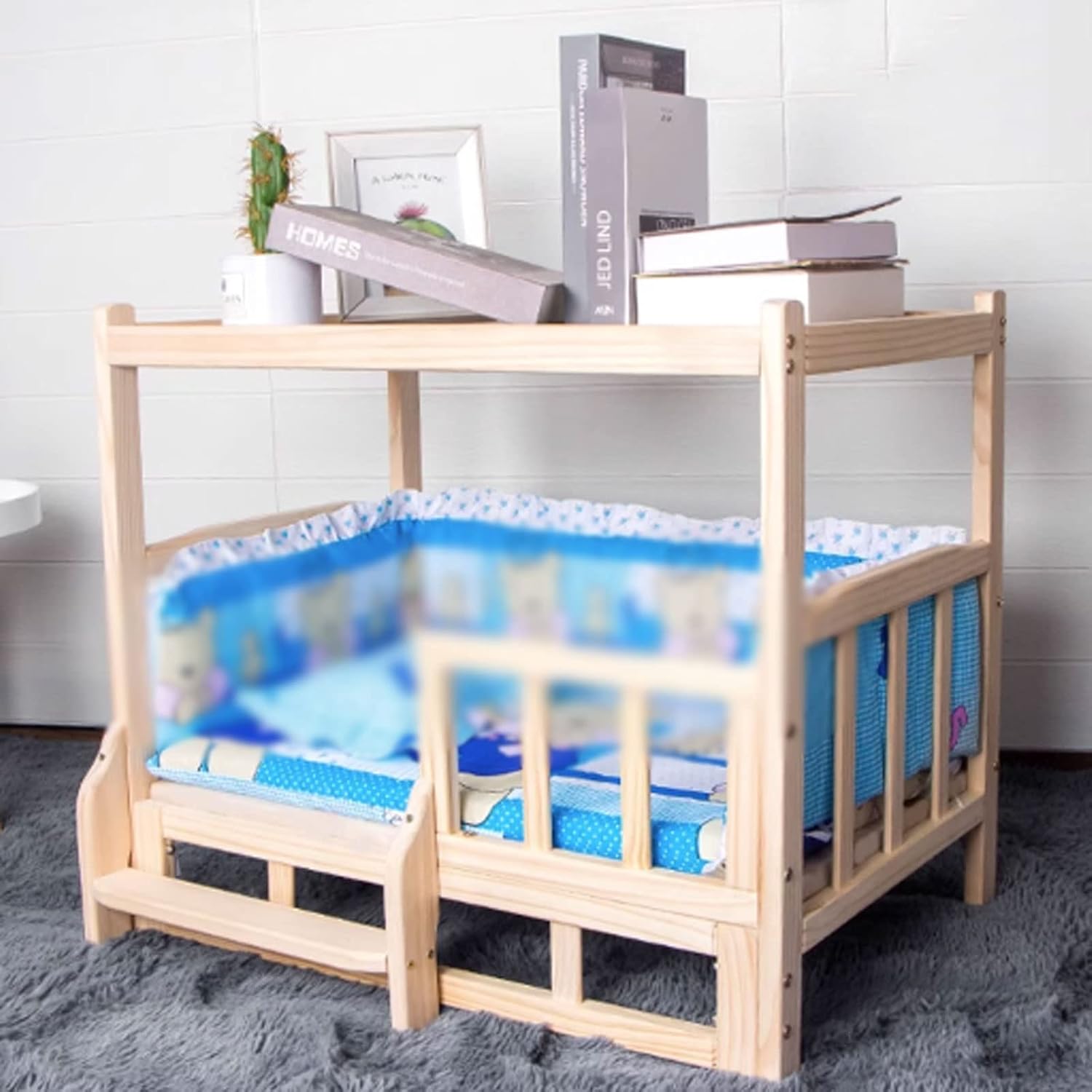 Dog Bed Double-Layer Pet Bed Solid Wood Frame Pet Cot Elevated Dog Bed with Guardrail Stairs&Mattress for Medium Small Pets Four Seasons Use for Dogs Pet Cat ()