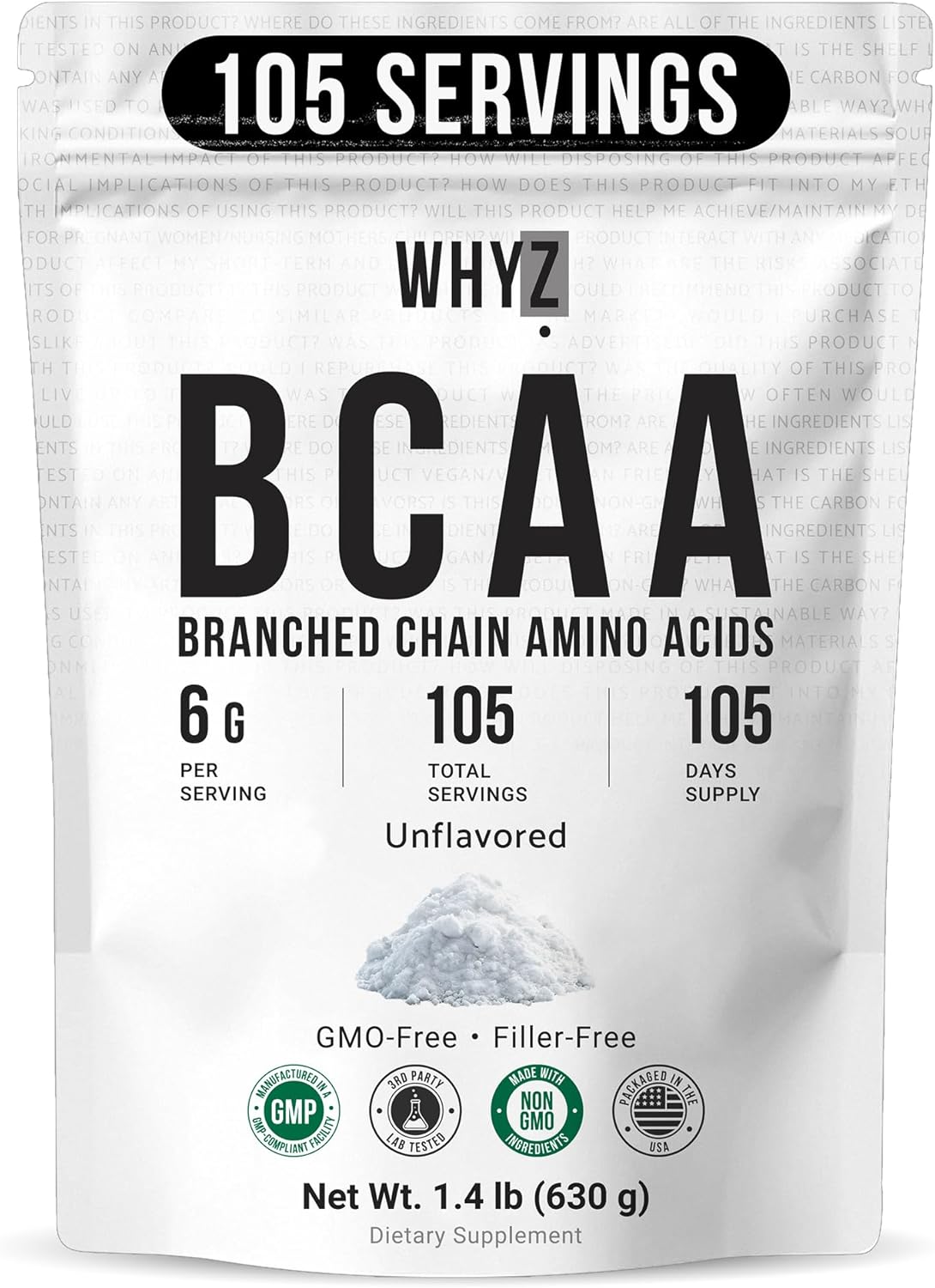 BCAA Powder 2:1:1, Unflavored Branched Chain Amino Acids for Men and Women Pure BCAA Energy Powder for Mixing in Drinks & Shakes Non-GMO No-Additives, 105 Servings, 1.4 lb (630g)