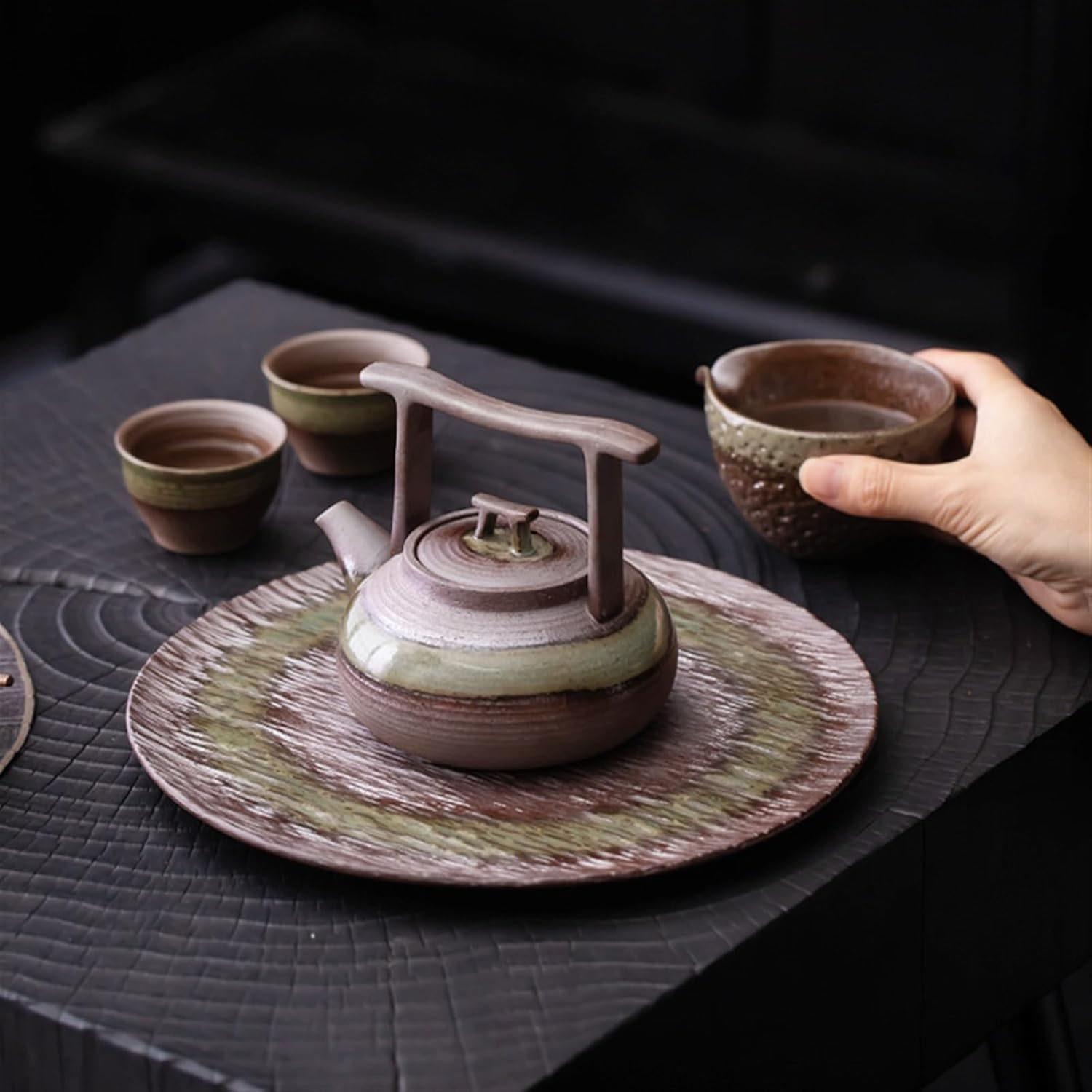 Tea Set Chinese Rough Ceramic Tea Tray Small Tea Tray Vintage Household Dry Tray Ceramic Round Pot Bearing Teapot Bottom Mat Tray Chinese Tea Set,22.5x1.5cm-One Size